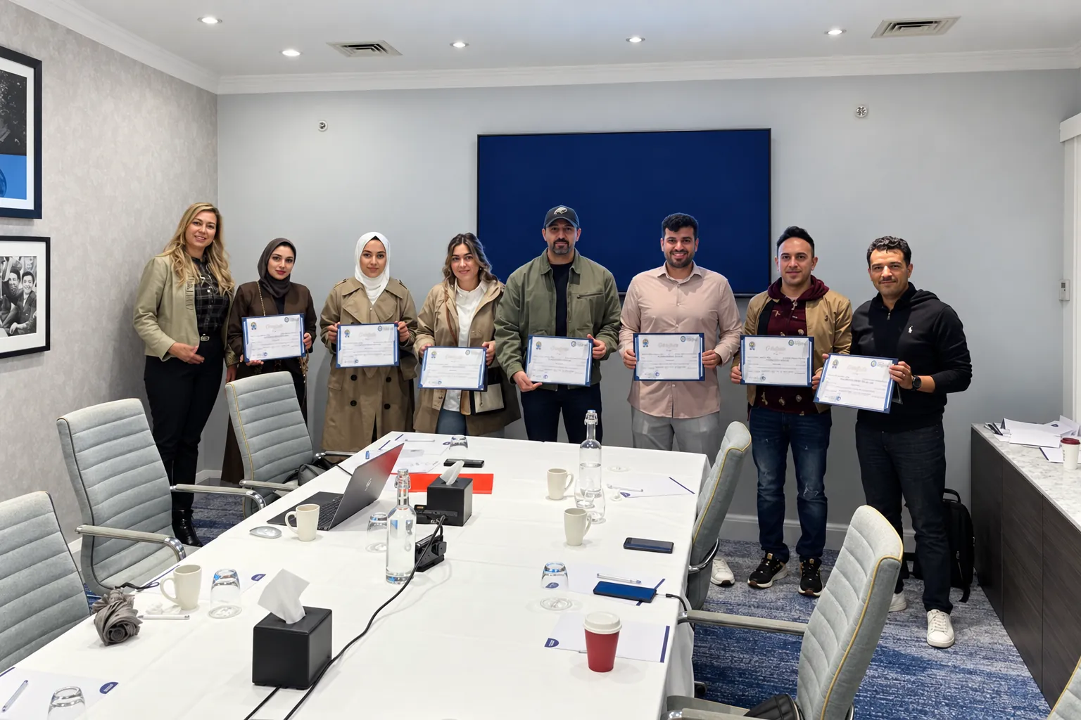 Delegates and trainer holding their certificates of attendance