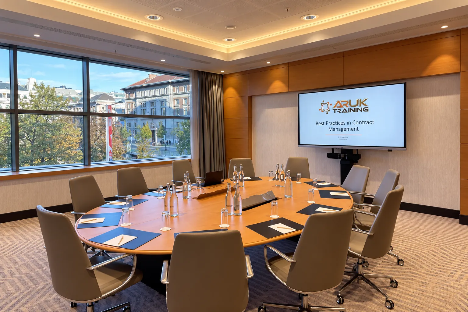 Empty meeting room set up for an ARUK course, with the course title on screen